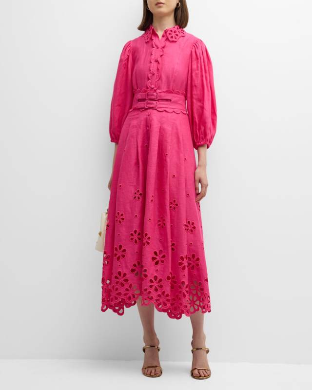 Belted Linen Midi Dress with Floral Cutout Detail